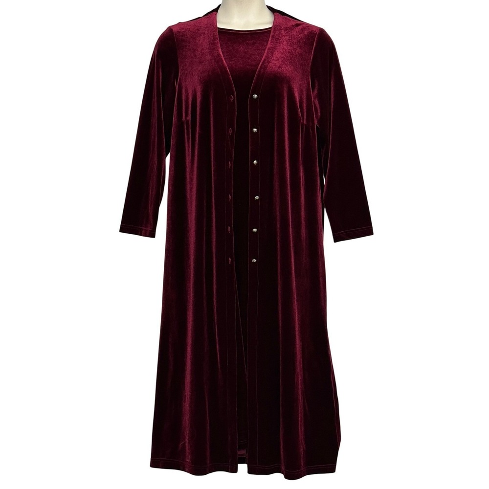 VTG Burgundy Velvet Womens 2 Pc Dress 16 Shift Duster Cardigan Set Goth Romantic